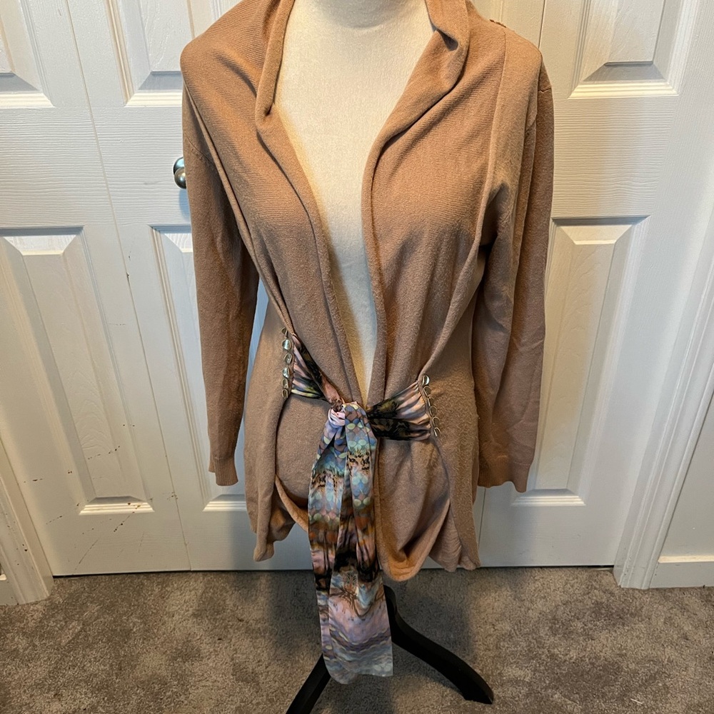 SAOPAULO size 38 Tan Open-Front Cardigan with Multicolor Belt